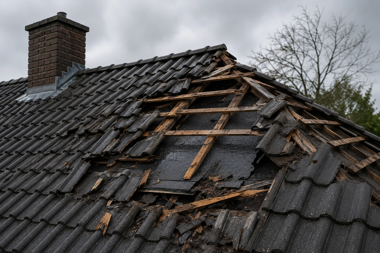 Zwaar beschadigd pannendak met openliggende dakconstructie na storm