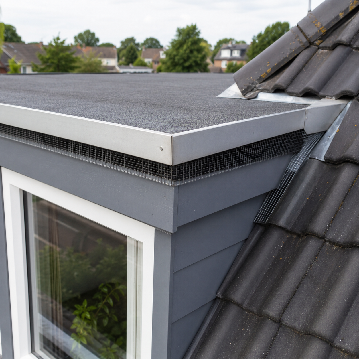 Metalen vogelweringsgaas langs de rand van een plat dak